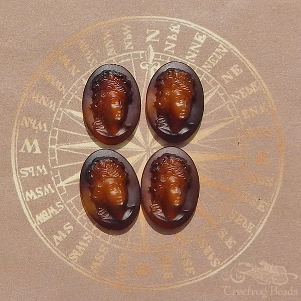 Vintage glass cameos with raised face in buffalo horn brown and beige. 18x13 mm high relief W German cabochons in shades of brown. 2 or 4 pc