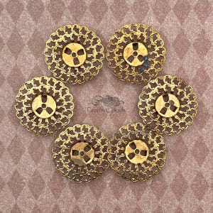 6 vintage raw brass filigree findings for jewelry design. 33 mm round pendant focal bases or connectors with center hole and 3 prongs.