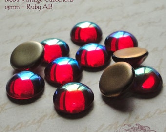 13mm SMOOTH glass cabochons in ruby AB. Lot of 6 vintage West German glass stones in transparent red with aurora borealis.