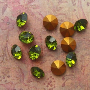 Vintage Swarovski crystal pointed back rhinestones in transparent olivine. Size ss48 olive green Austrian lead crystal chatons. 6 or 12 pc