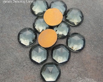 13 mm round FACETED glass cabs in smoky grey. Lot of 6 vintage West German rauten rose cut flat back cabochons in transparent gray.