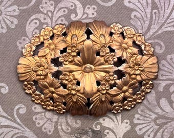 Vintage metal finding: 58x40 mm dapped brass filigree nouveau style floral stamping (1 pc)