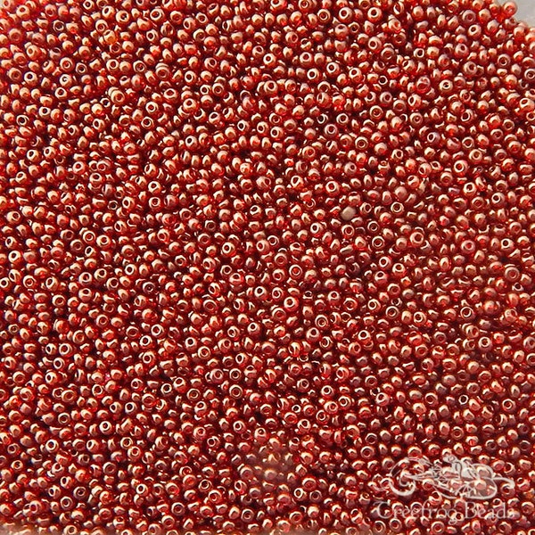 Size 16/0 or 18/0 antique micro seed beads in gold lustre red cinnamon. Tiny rare vintage microbeads for doll art, purse repair & beadwork.