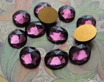 10x12 mm FACETED glass cabochons in transparent amethyst purple.  Lot of 6 vintage West German oval stones with sparkling facets.