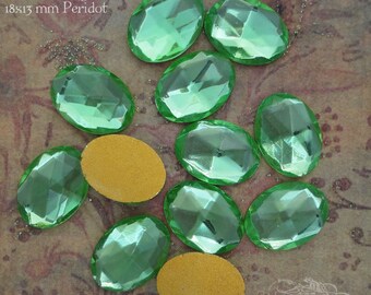 13x18 mm FACETED glass stones in transparent peridot green. Vintage West German glass cabochons for jewelry design & mixed media crafts.