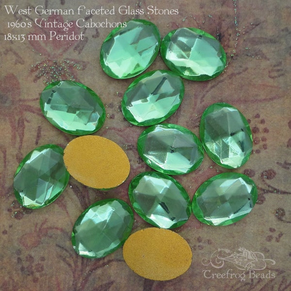 13x18 mm FACETED glass stones in transparent peridot green. Vintage West German glass cabochons for jewelry design & mixed media crafts.