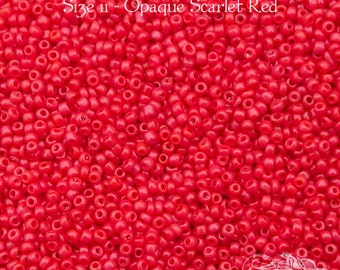 Size 11/0 vintage Italian seed beads in opaque scarlet red. 10 grams of collectible antique Murano glass beads in rich red.