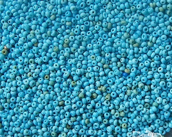 Size 14/0 vintage Italian glass seed beads in opaque turquoise blue green. 5 grams of tiny size 13 or 14 beads for beadwork restoration.