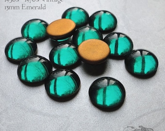13 mm SMOOTH glass stones in transparent emerald green. Lot of 6 vintage West German flat back cabochons for jewelry making and assemblage.