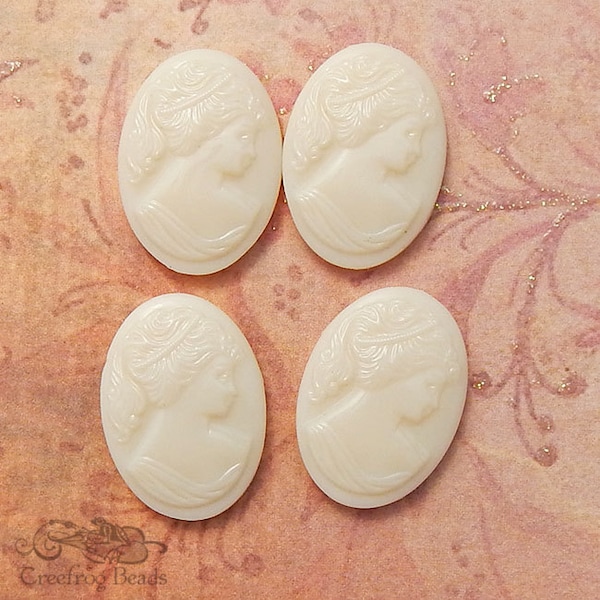 Vintage West German glass cameos with beautiful woman in profile. 25x18 mm ivory white lady cabochon. New old stock cabs. 2 or 4 pc.