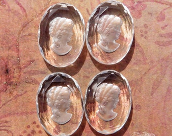 18x25 mm vintage glass intaglio cameos with frosted glass woman in profile. Crystal clear glass portrait cameos, made in West Germany.