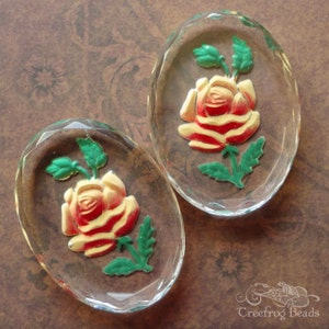 Large 30x40 mm vintage glass intaglio cabochons with yellow rose. Clear glass stones with reverse painted flower & faceted edges. 1 or 2 pc