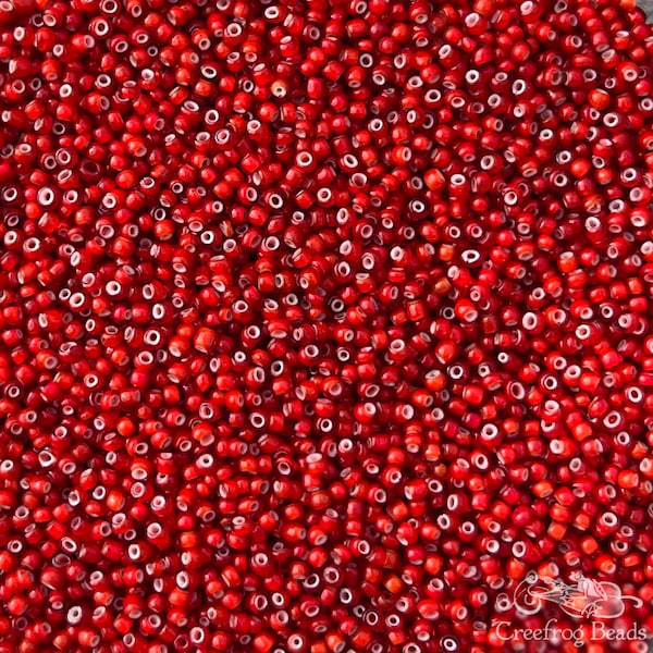 Small antique Venetian white heart seed beads in size 12/0 bright red. 5 grams of rare collectible vintage Italian whiteheart trade beads.