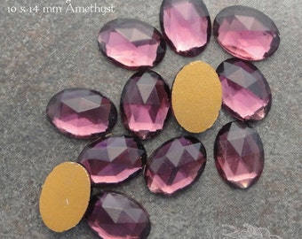 6 vintage 10x14 mm FACETED glass stones in amethyst purple. West German oval glass cabochons for beadwork wire work & costume jewelry repair