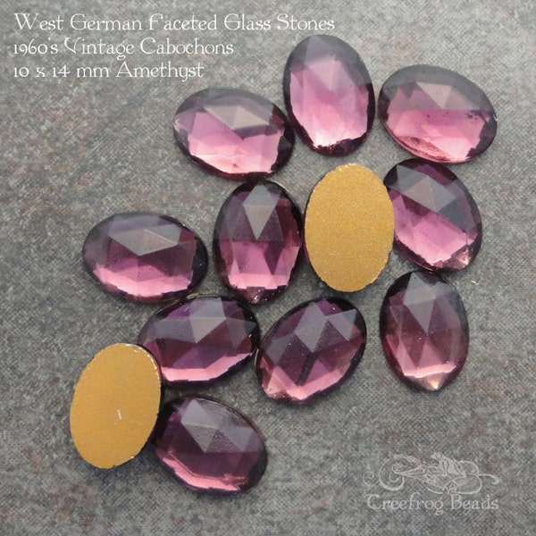 6 vintage 10x14 mm FACETED glass stones in amethyst purple. West German oval glass cabochons for beadwork wire work & costume jewelry repair