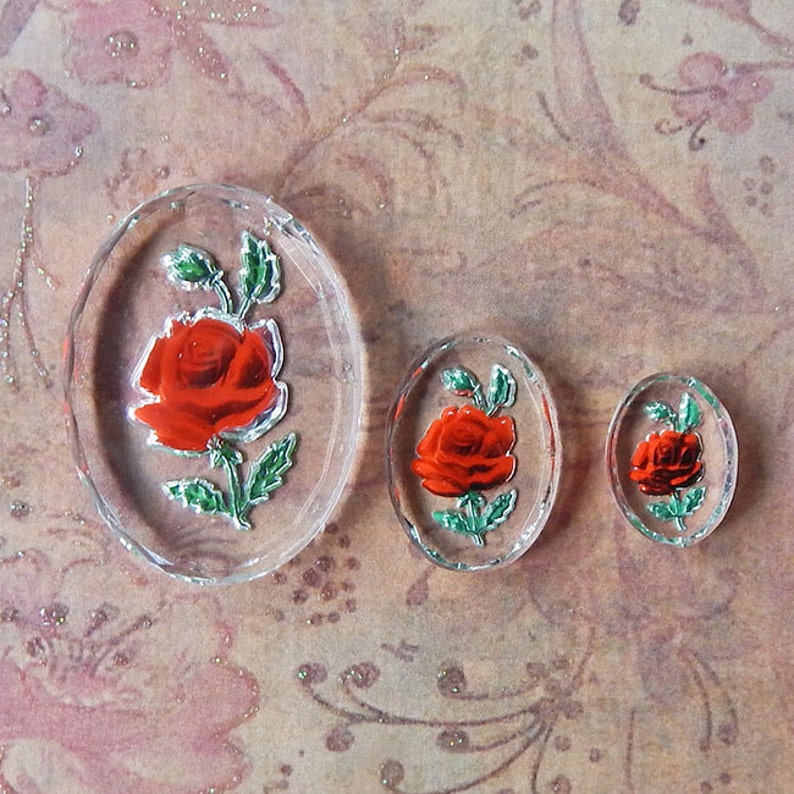 4 red rose glass intaglio stones with crystal clear base. 18x25 mm cabochon w/reverse painted burgundy & red flower. 1960's German cabs. image 3