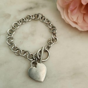 Vintage Chunky Sterling Silver Heart Charm Bracelet