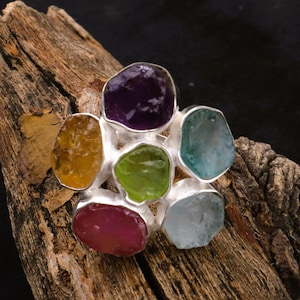 Raw Ruby Amethyst Citrine Aquamarine Topaz flower silver Ring