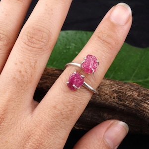 Raw Ruby Two-Stone Sterling Silver Bypass Ring, Organic Artisan Jewelry