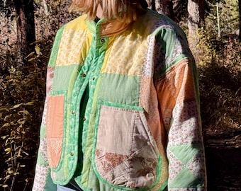 Pastell Patchwork Stern Flora Jacke Extra Groß - Einzigartiger Vintage Steppmantel