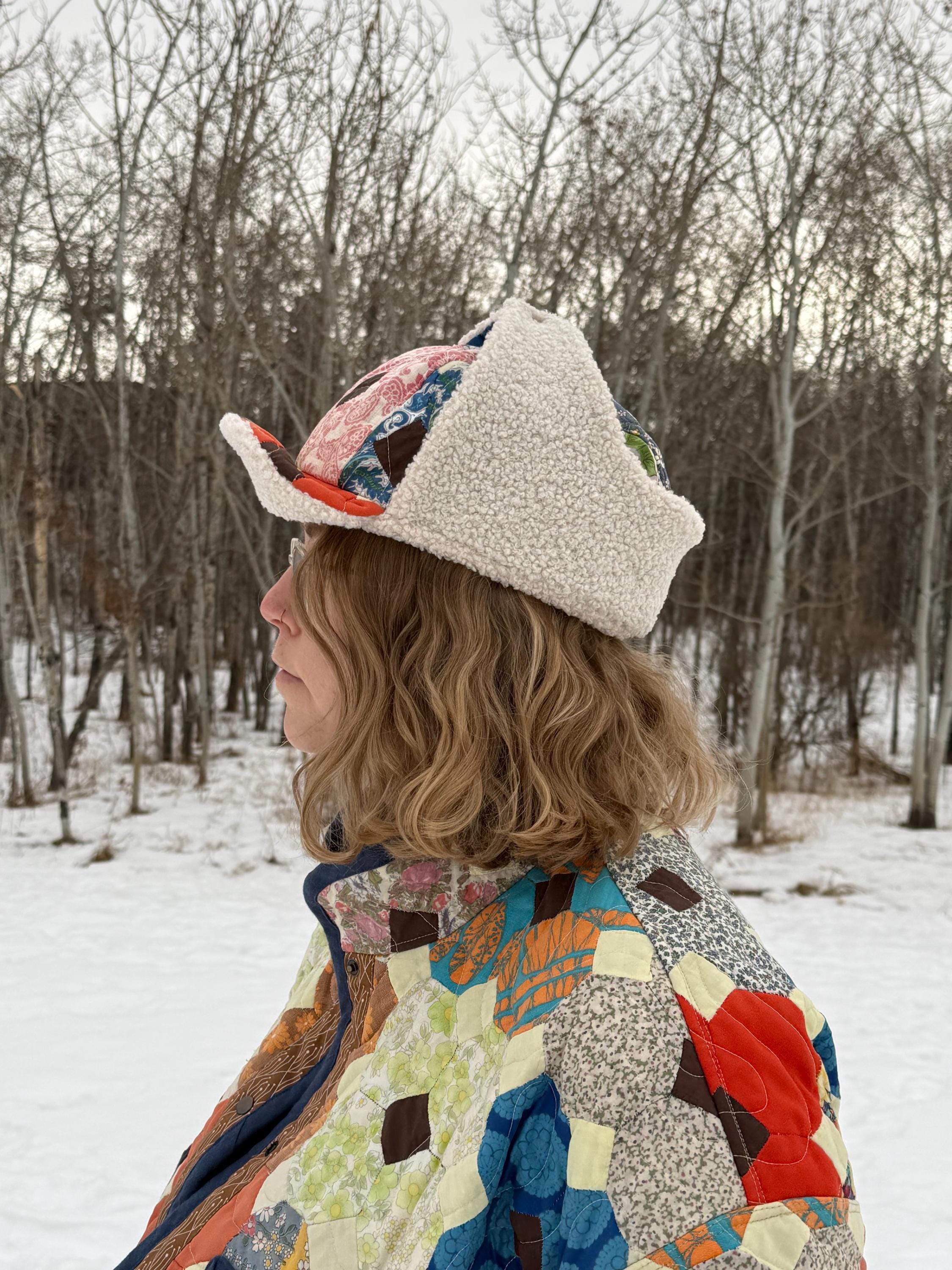 Quilted Trapper Hat Made From a Vintage Quilt, One-of-a  display picture 1