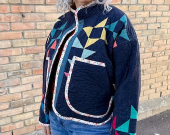 Midnight Spinning Star Flora Jacket - Extra Large - Einzigartige Vintage Steppjacke