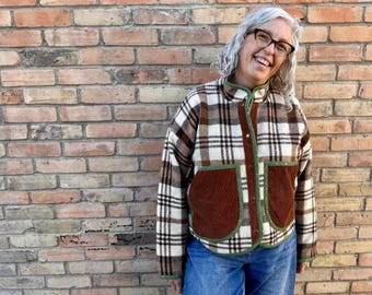 Chaqueta Flora de Lana a Cuadros Marrón - Extra Grande - Abrigo de Lana Vintage Único
