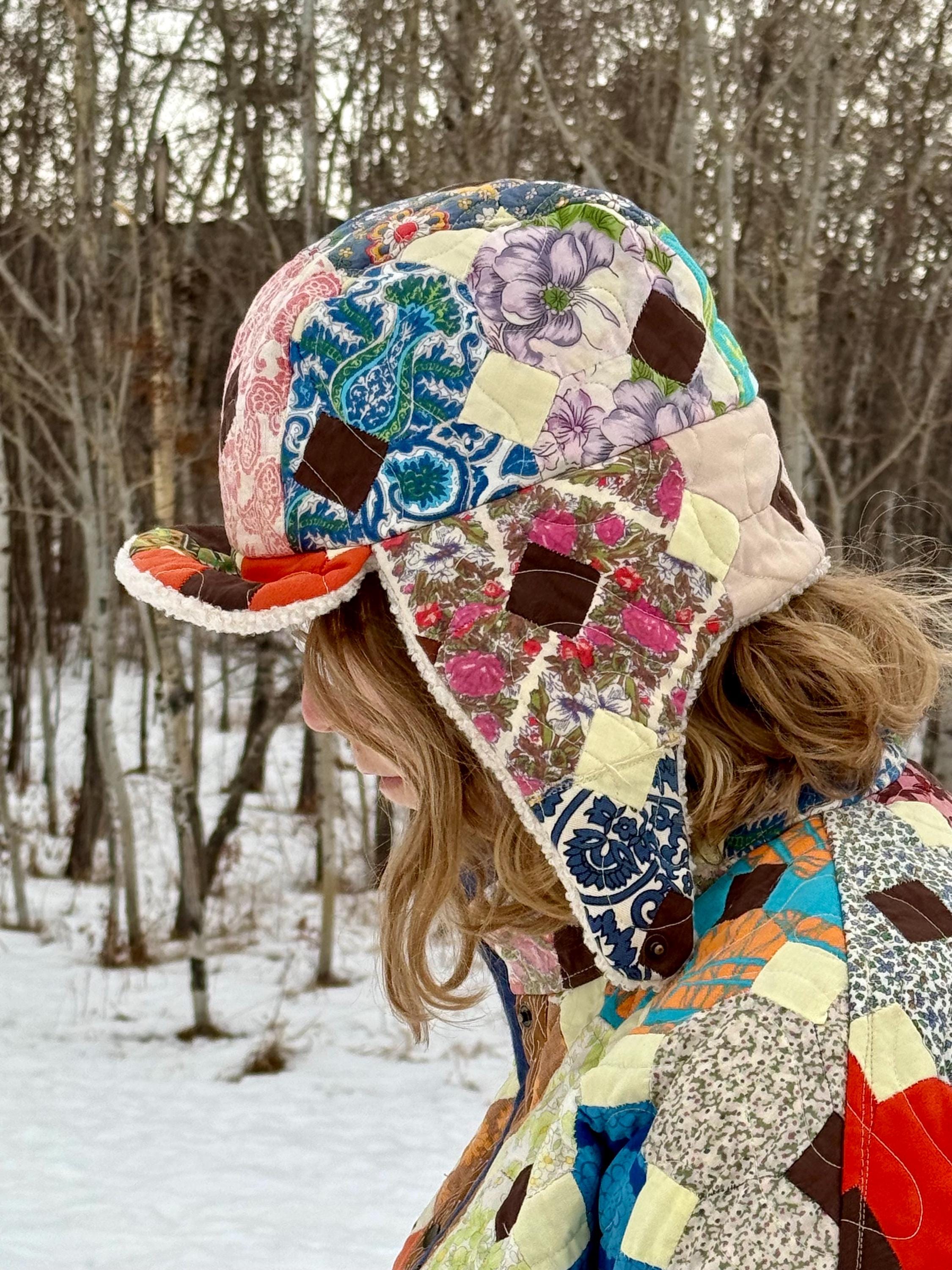 Quilted Trapper Hat Made From a Vintage Quilt, One-of-a  display picture 2