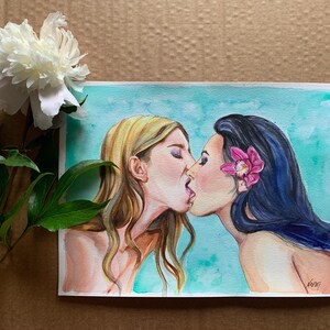 Original watercolor painting - Lust - 9x12 by Noewi couple in love kissing