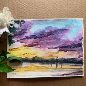 Dipinto ad acquerello originale - Tramonto sul lago - 9"x12" su carta d'archivio - vernice iridescente metallizzata - colorato