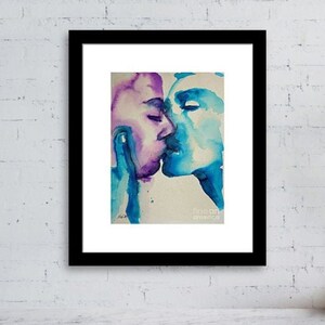 Original watercolor painting Kiss Me My Way by Noewi couple in love kissing