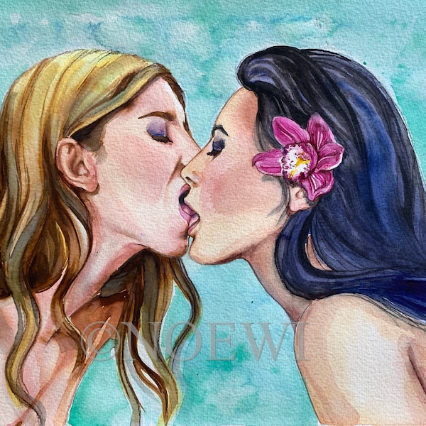 Lust Original watercolor painting 9x12 by Noewi couple in love kissing