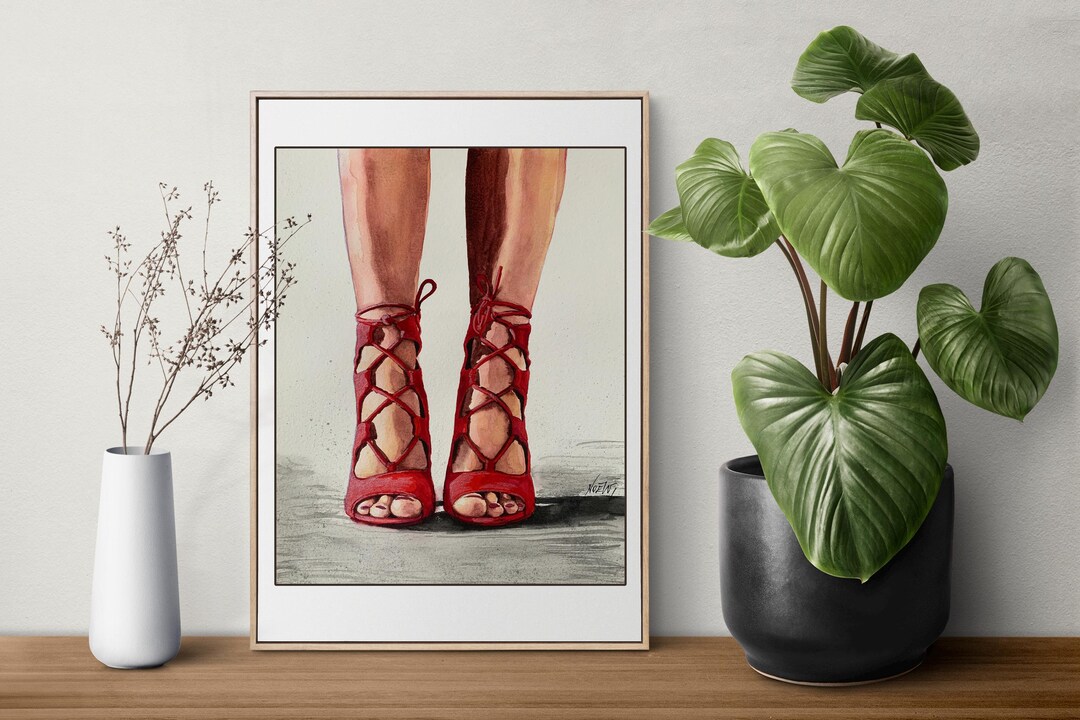 Original Laced up in Red Watercolor Painting by Noewi High Heel Shoe ...