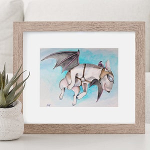 Bull Terrier - If Pigs Could Fly fine art print from original watercolor painting 8"x10" or 11"x14"  by Noewi - steampunk flying dog puppy