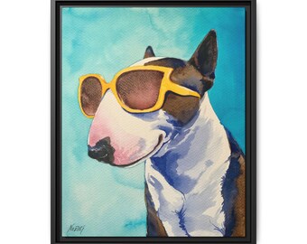 Cool Beans, Canvas Print, Bull Terrier in Sunglasses, Playful Dog on Vacation, Summer Vibes, Watercolor Art, Framed Wall Art, Dog Lover