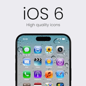 以下が含まれることがあります： iOS 6を搭載したiPhoneのモックアップで、黒いベゼルと青い背景になっています。ホーム画面には、メッセージ、App Store、写真、カメラ、メール、ビデオ、天気、iTunes、電話、Podcast、音楽、Safariのアイコンが表示されています。