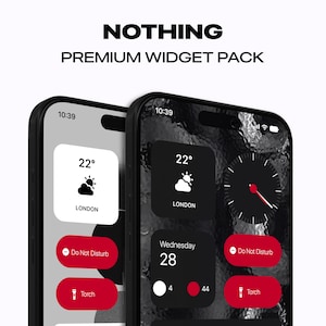 Op de afbeelding: Twee zwarte smartphone-mockups met witte en rode widgets. De linker telefoon heeft een weerwidget die 22 graden Celsius en een bewolkt zonnetje-icoon toont, een Niet storen-knop en een zaklamp-icoon. De rechter telefoon heeft een weerwidget die 22 graden Celsius en een bewolkt zonnetje-icoon toont, een klokwidget, een kalenderwidget die woensdag 28 toont, een Niet storen-knop en een zaklamp-icoon. De tekst "NOTHING PREMIUM WIDGET PACK" staat bovenaan de afbeelding.