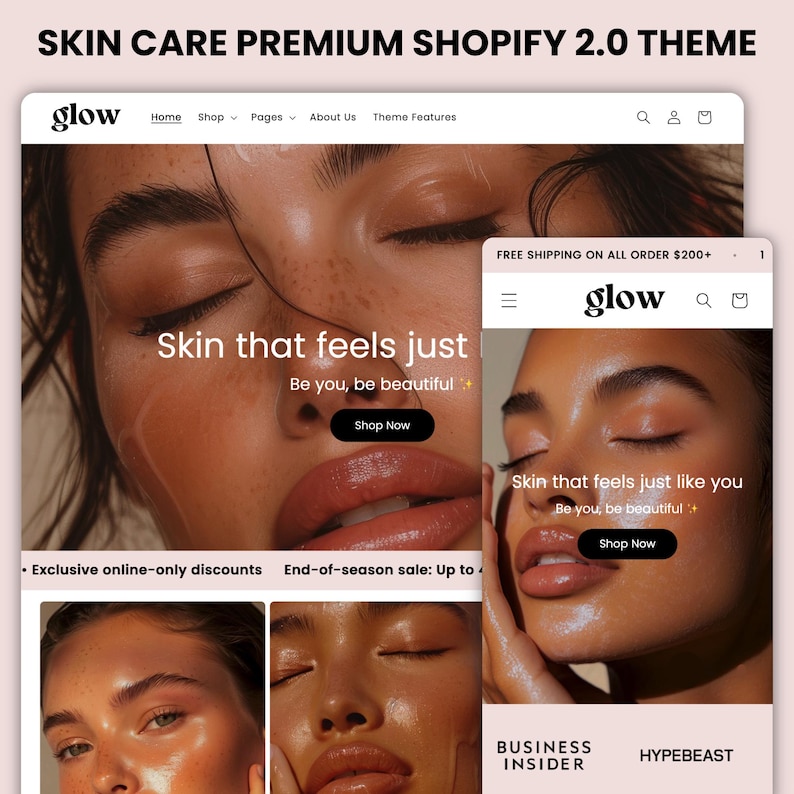 May include: Website homepage for a skincare brand called "glow". The website features a close-up image of a person's face with glowing skin and the text "Skin that feels just like you. Be you, be beautiful."