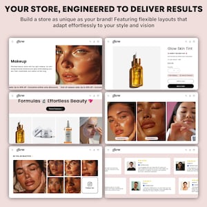 May include: A website screenshot showcasing a beauty brand's online store. The website features a clean, modern design with a focus on skincare and makeup products. The website includes product images, descriptions, and customer reviews. The website also includes a call to action to "Follow Us" on social media.