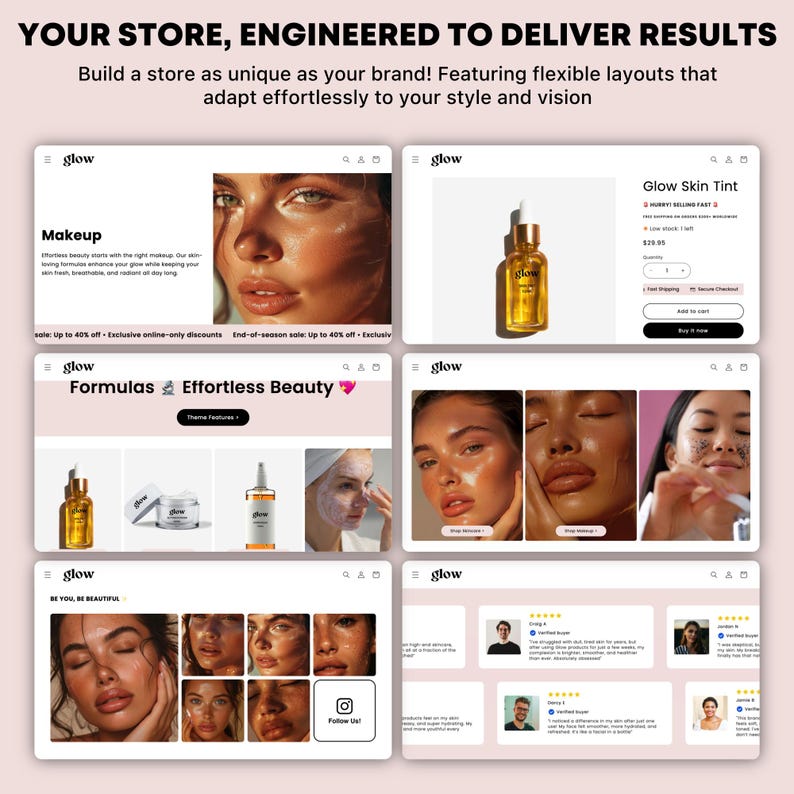 May include: A website screenshot showcasing a beauty brand's online store. The website features a clean, modern design with a focus on skincare and makeup products. The website includes product images, descriptions, and customer reviews. The website also includes a call to action to "Follow Us" on social media.