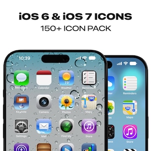 May include: Two iPhone mockups displaying a blue and white iOS 6 and iOS 7 icon grid. The icons include Messages, Calendar, Weather, Reminders, Camera, Photos, Maps, Settings, Mail, Find My, Store, and more.