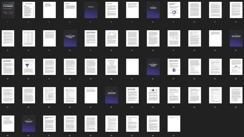 May include: A digital document grid displaying fifty-seven pages of a report titled Psychology of Conversions. The layout features a mix of white pages with black text and dark purple gradient pages with white headings, organized in a structured grid.