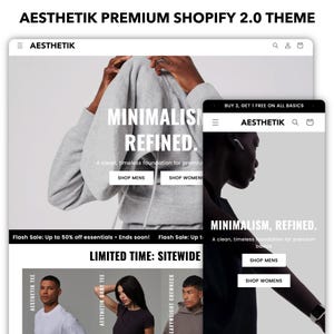 May include: A website homepage for a clothing brand called "AESTHETIK". The website features a minimalist design with a gray hoodie and the text "MINIMALISM, REFINED. A clean, timeless foundation for premium basics." The website also features a sale banner with the text "Flash Sale: Up to 50% off essentials. Ends soon!" and a limited time offer banner with the text "LIMITED TIME: SITEWIDE".