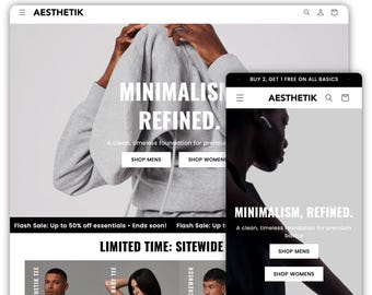 May include: A website homepage for a clothing brand called "AESTHETIK". The website features a minimalist design with a gray hoodie and the text "MINIMALISM, REFINED. A clean, timeless foundation for premium basics." The website also features a sale banner with the text "Flash Sale: Up to 50% off essentials. Ends soon!" and a limited time offer banner with the text "LIMITED TIME: SITEWIDE".