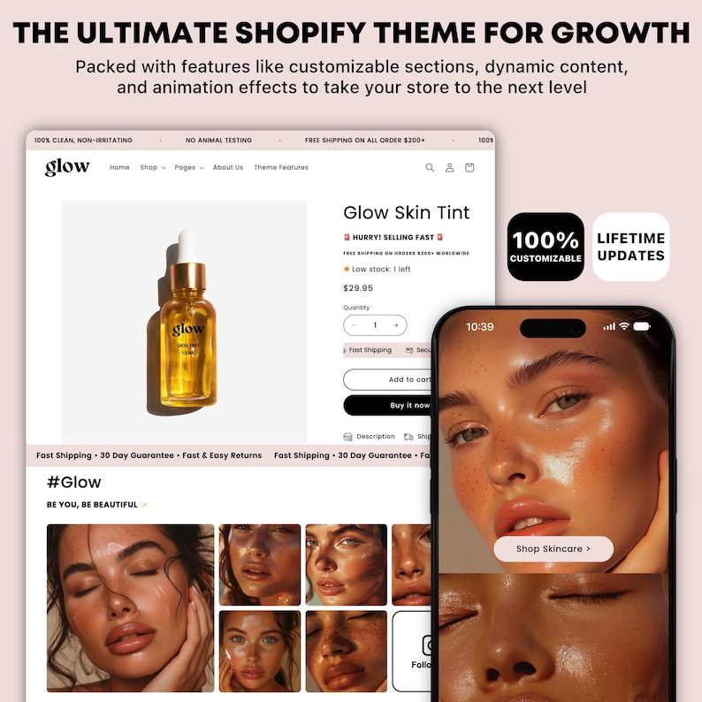 May include: A product page for Glow Skin Tint, a beauty product. The page features a photo of the product, a description, and a price of $29.95. The page also includes a call to action to buy the product now. The page is designed to be visually appealing and informative.