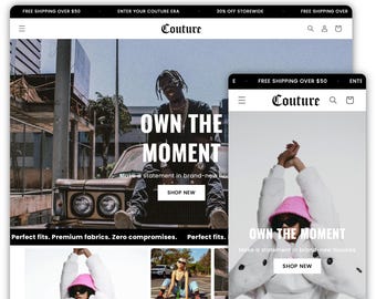 May include: A website homepage for a clothing brand called "Couture". The homepage features a model wearing a white hoodie with the text "Own the Moment" and a black and white photo of a model wearing a white hoodie with the text "Own the Moment".