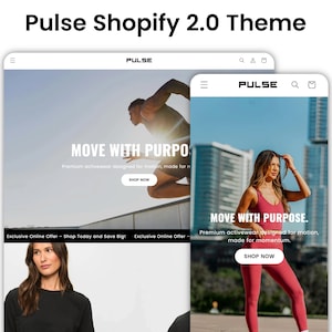 Puede incluir: Dos capturas de pantalla de un sitio web de ropa deportiva. El sitio web se llama "Pulse". El texto "Move with Purpose" aparece en ambas capturas de pantalla. La primera captura de pantalla muestra a un hombre con una camisa negra corriendo. La segunda captura de pantalla muestra a una mujer con un sujetador deportivo rojo y leggings.