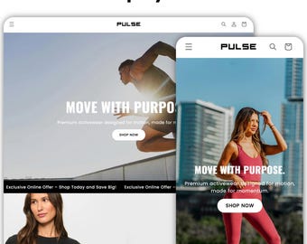 Pode incluir: Duas capturas de tela de um site de roupas esportivas. O site se chama "Pulse". O texto "Move with Purpose" aparece em ambas as capturas de tela. A primeira captura de tela mostra um homem com uma camisa preta correndo. A segunda captura de tela mostra uma mulher com um sutiã esportivo vermelho e leggings.