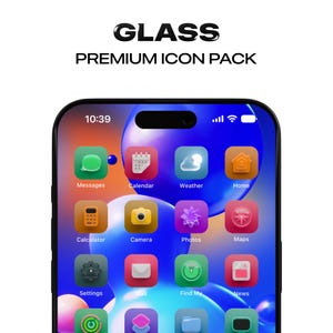 May include: A screenshot of an iPhone displaying a home screen with colorful, glass-like app icons. The icons are arranged in a grid pattern and include apps such as Messages, Calendar, Weather, Home, Calculator, Camera, Photos, Maps, Settings, Find My, and News. The time is displayed as 10:39.
