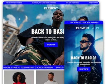 May include: A website design showcasing a Shopify 2.0 theme. The design features the word "ELEMENT" and the phrase "BACK TO BASICS" with the text "Timeless essentials, designed for every made to last." The design also includes images of clothing.